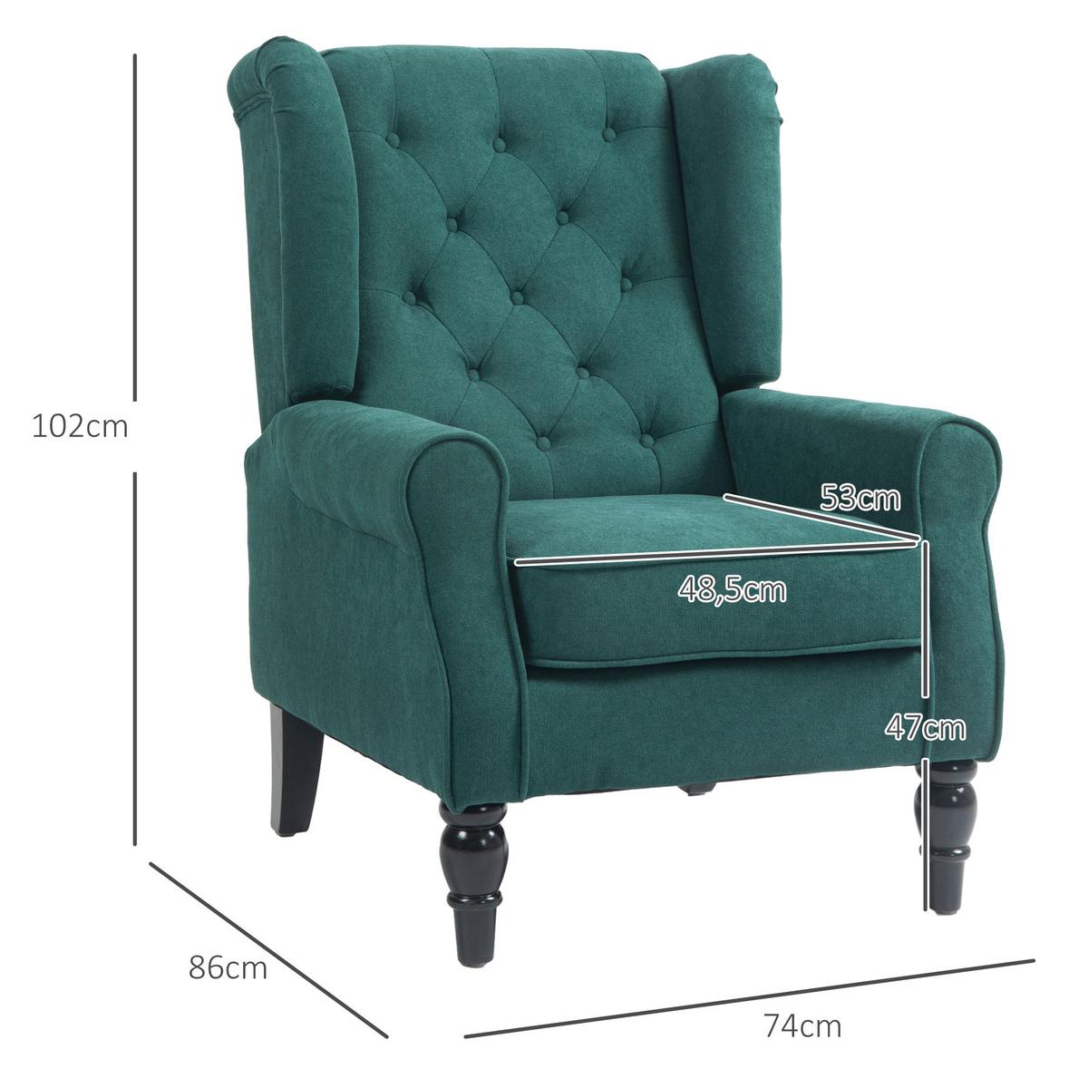 OHRENSESSEL Gepolstert Sessel mit Tufting, hoher Rückenlehne bis 160 kg - Smaragdgrün/Dunkelgrün, Holz/Textil (74/102/86cm) - HOMCOM