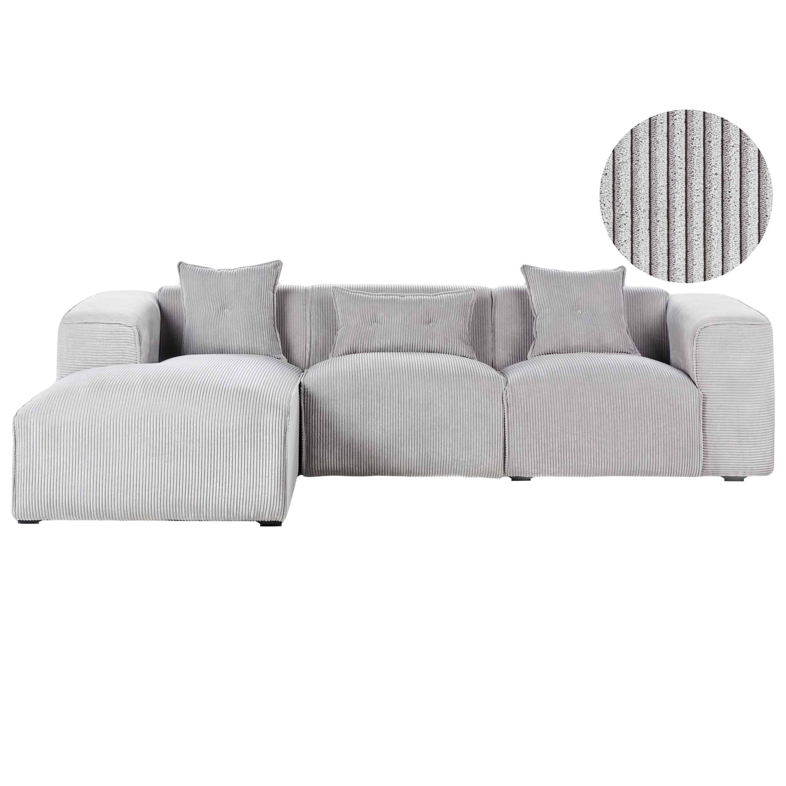 ECKSOFA 3-Sitzer Cord Hellgrau rechtsseitig Dolva - Hellgrau, Textil (294/170cm) - Beliani