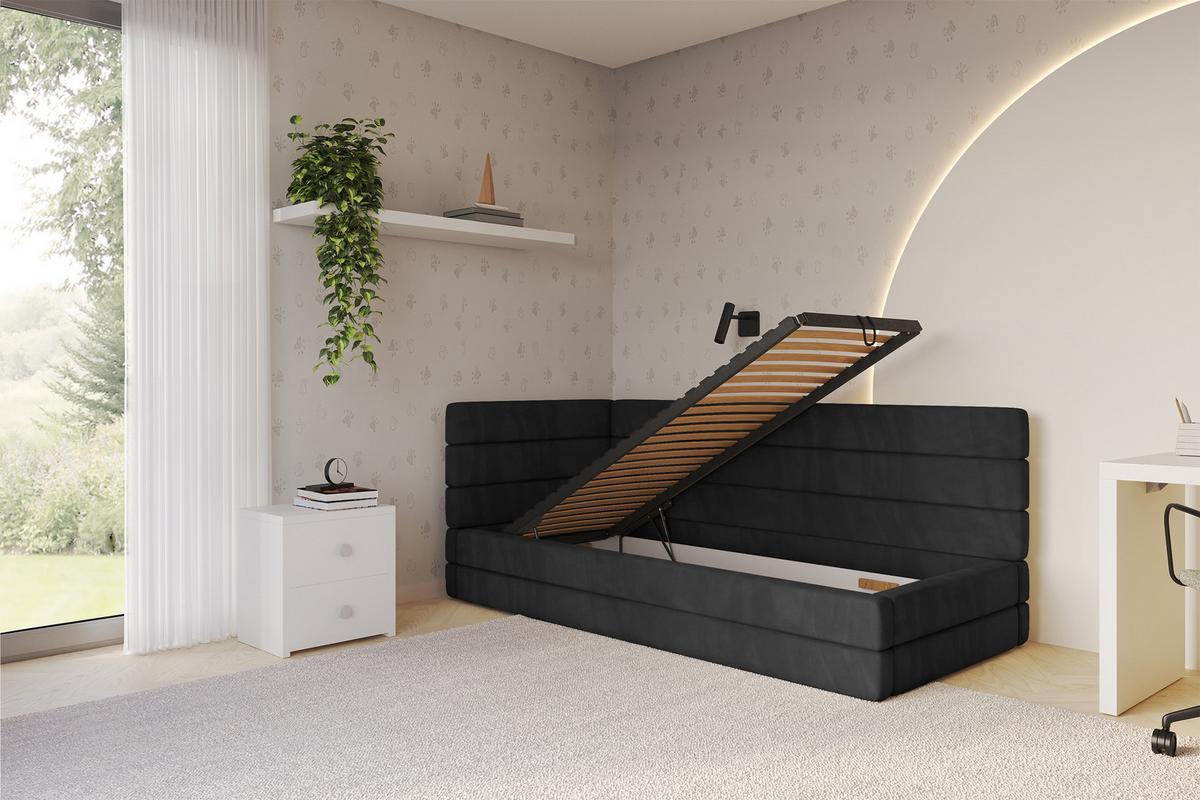 EINZELLBETT Jugendbett mit Bettkasten, Rechts - BEMY 100x200 Schwarz - Anthrazit, Holzwerkstoff/Textil (100/200cm) - ALTDECOR