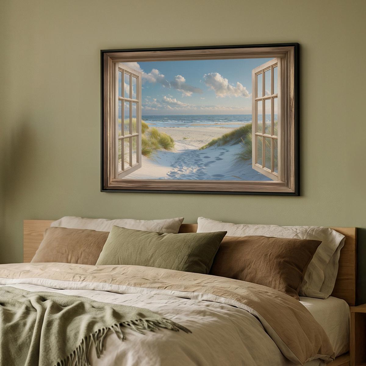 LEINWAND Bilder mit Rahmen - Aussicht - Strand - Fenster - Dünen - Meer - 100x70 - Hellblau, Textil (100/70cm) - MuchoWow