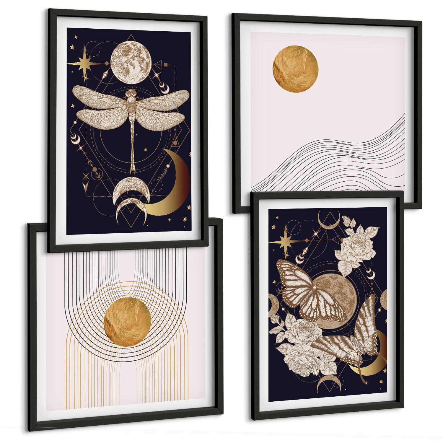 BILDER SET 4er Set - 50x50 cm & 40x60 cm Schwarzer Rahmen - Naturmotive mit dem Mond - Schwarz, Kunststoff (50/50cm) - TULUP