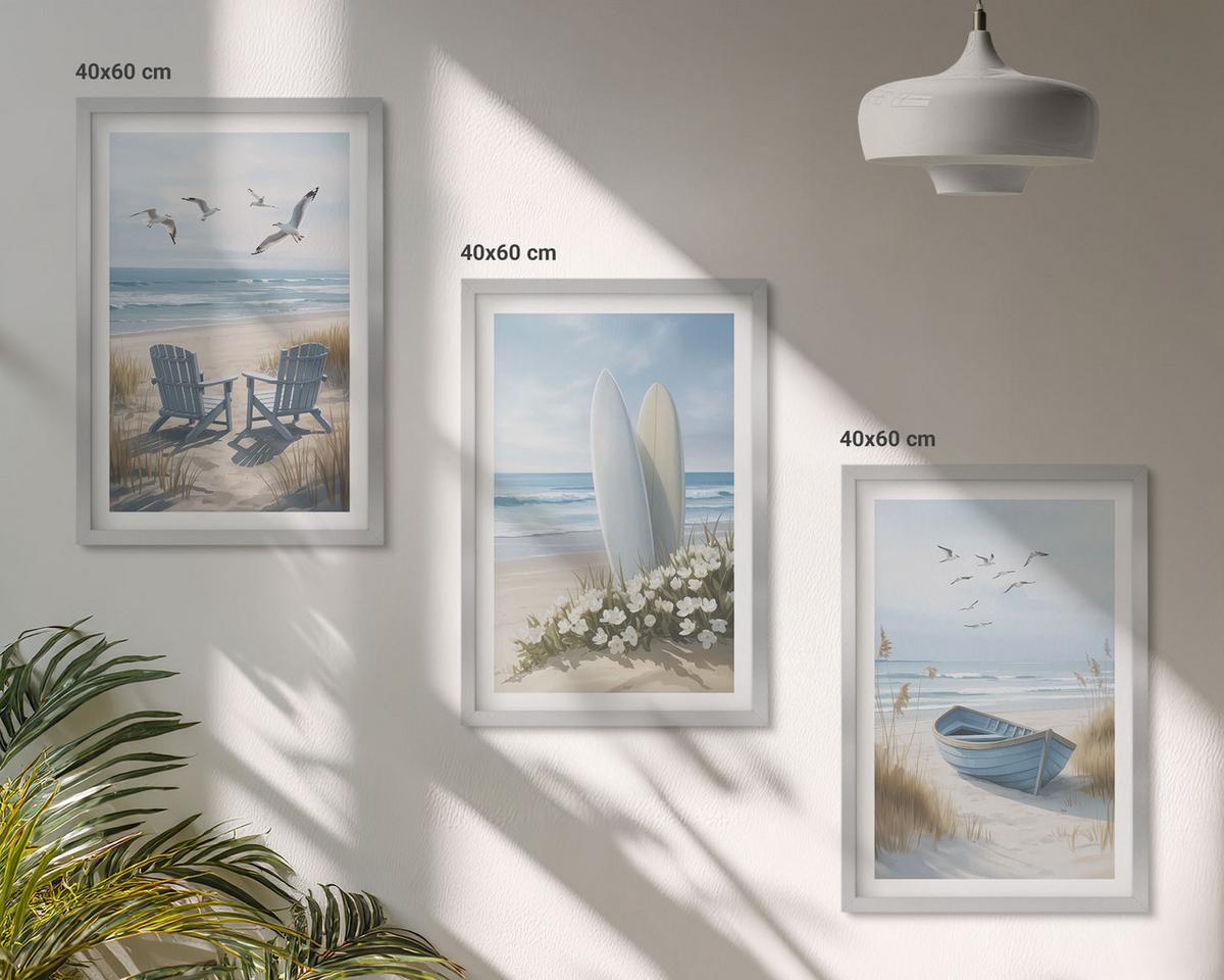 BILDER SET 3er Set - 40x60 cm Silberner Rahmen - Strand Surfbretter Vögel - Silberfarben, Kunststoff (40/60cm) - TULUP