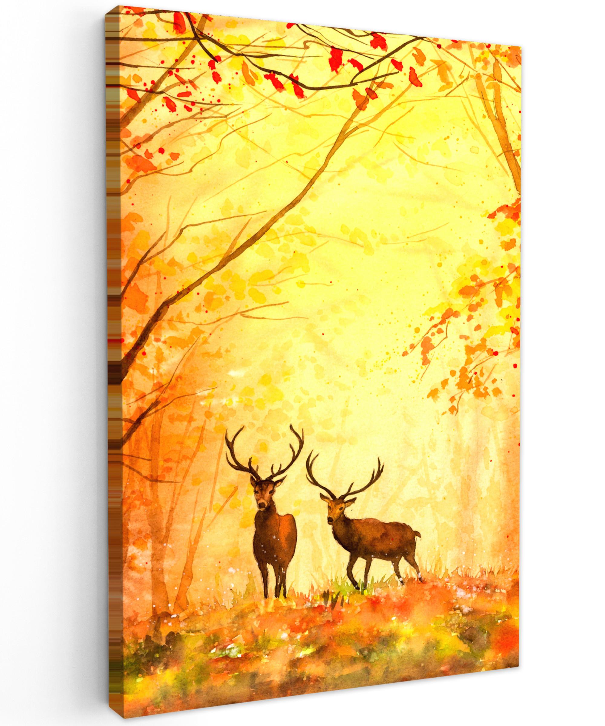 LEINWANDBILD Natur - Ölfarbe - Hirsche - Tiere - Herbst - Orange Wanddeko Schlafzimmer 60x90 cm - Orange, Textil (60/90cm) - MuchoWow