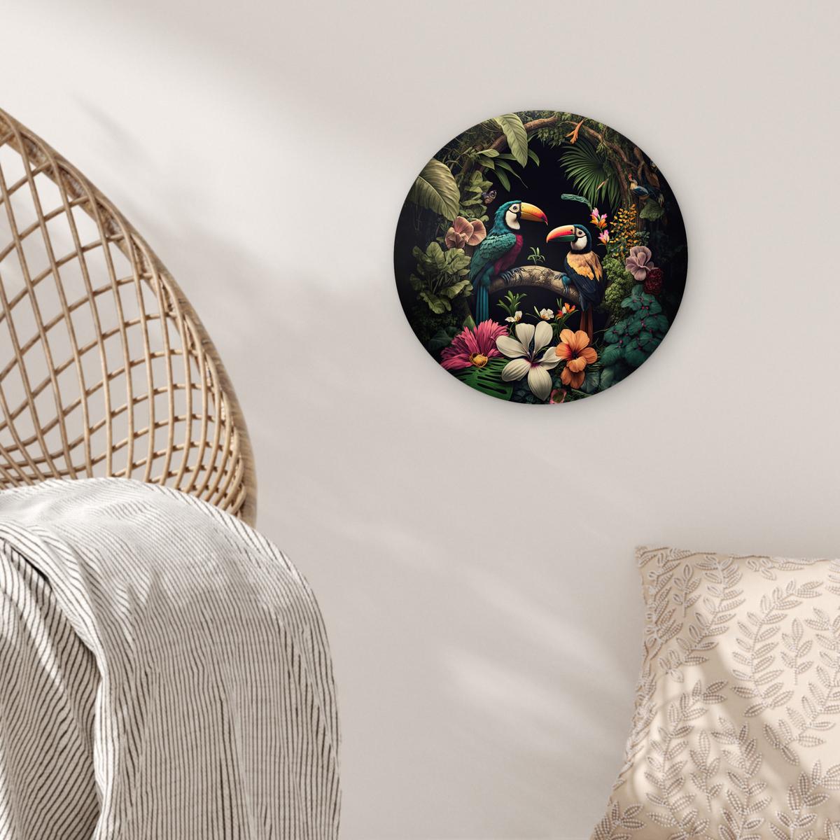 WANDBILD Vogel - Blumen - Pflanzen - Dschungel - Schwarz - Tukan Deko Wohnzimmer 30x30 cm - Smaragdgrün, Kunststoff (30/30cm) - MuchoWow