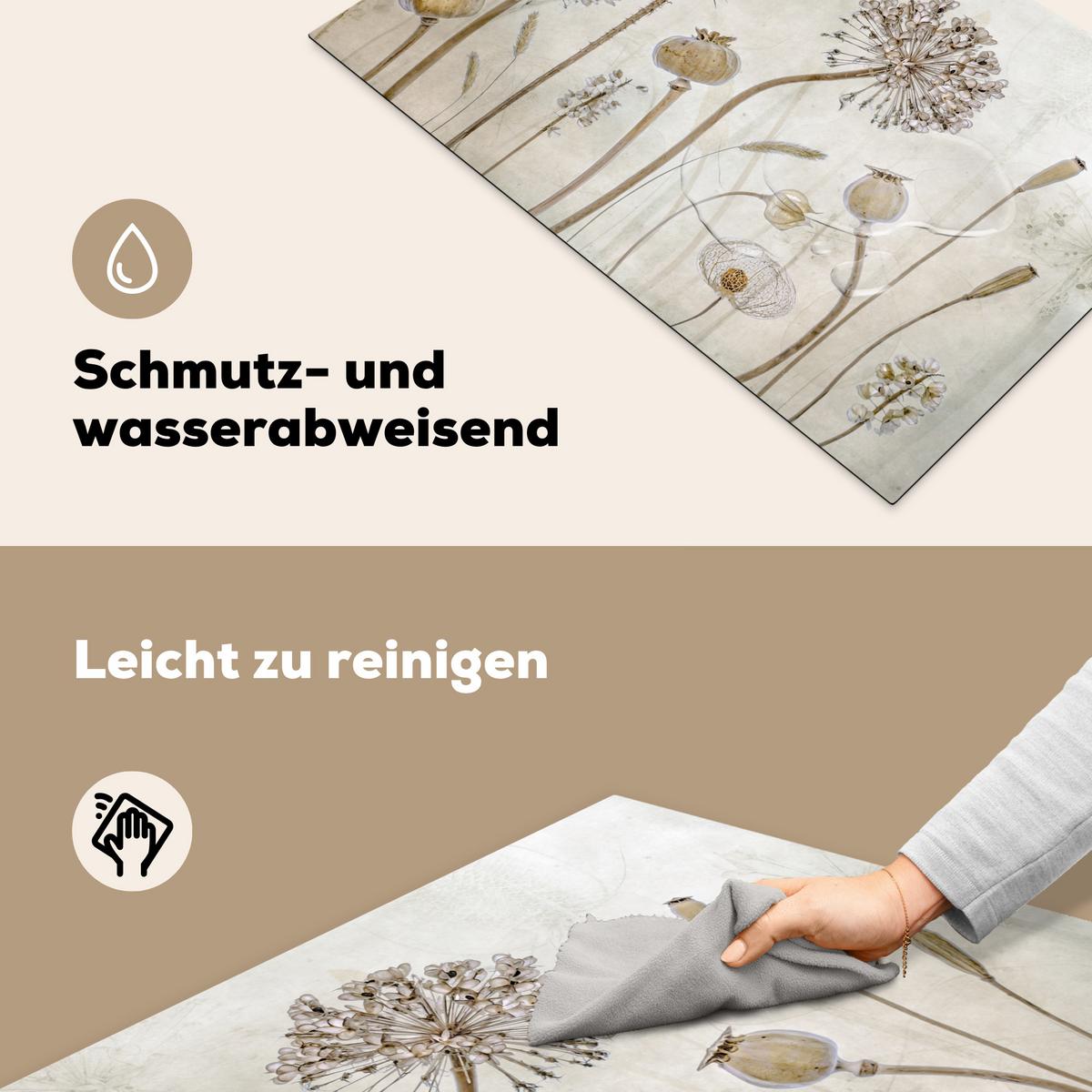 HERDABDECKPLATTE Blumen - Aquarell - Stilleben - Braun - Vintage Induktionsschutz 81.6x52.7 cm - Sandfarben, Kunststoff (81.6/52.7/0.2cm) - MuchoWow