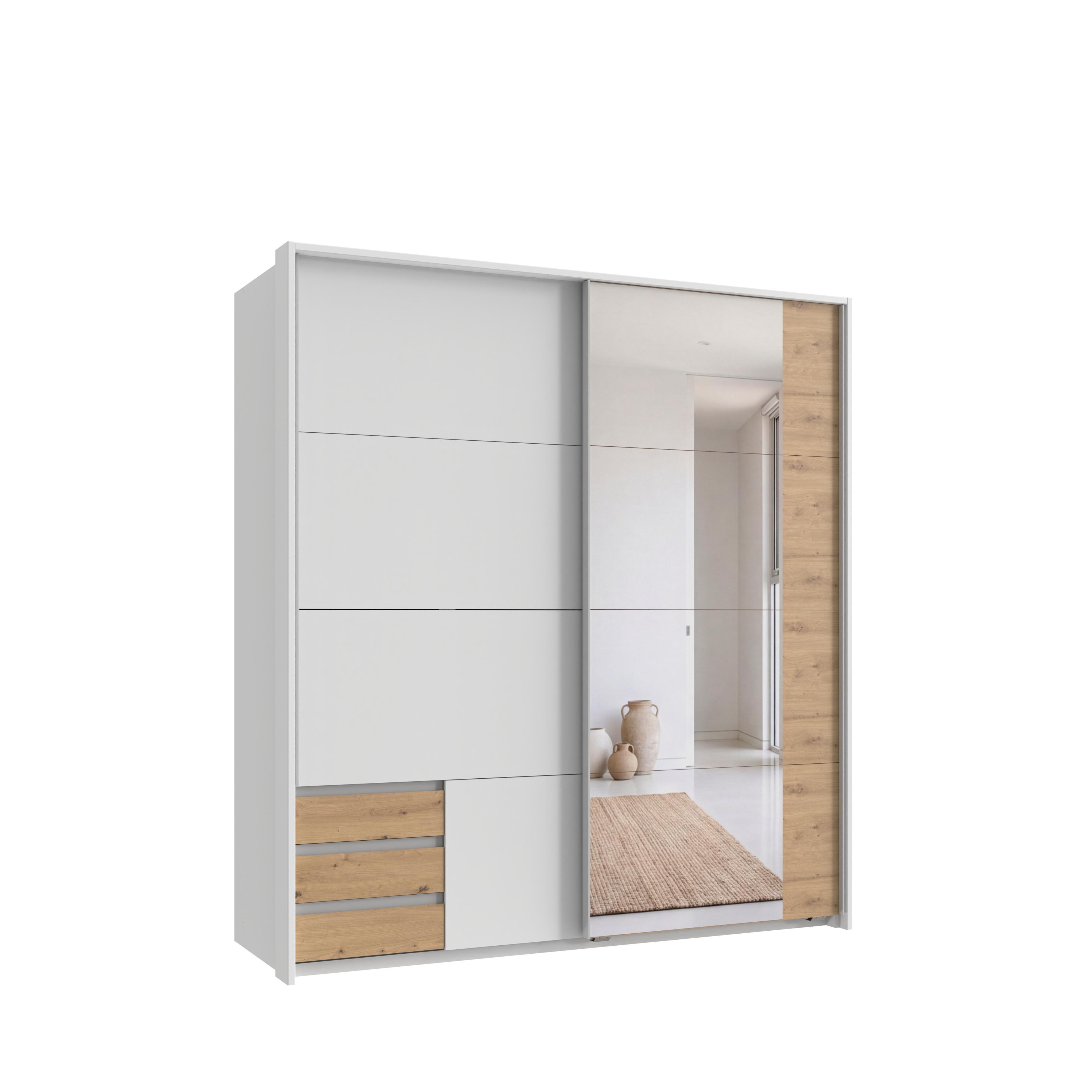 SCHWEBETÜRENSCHRANK 2-türig B183/H200/T65 cm, Passepartout-Kleiderschrank in Weiß mit Spiegel, 1x Tür & Schubkästen in Eiche Artisan Dekor / 22711 - Eichefarben/Alufarben, Holz/Holzwerkstoff (183/200/65cm) - luma-home