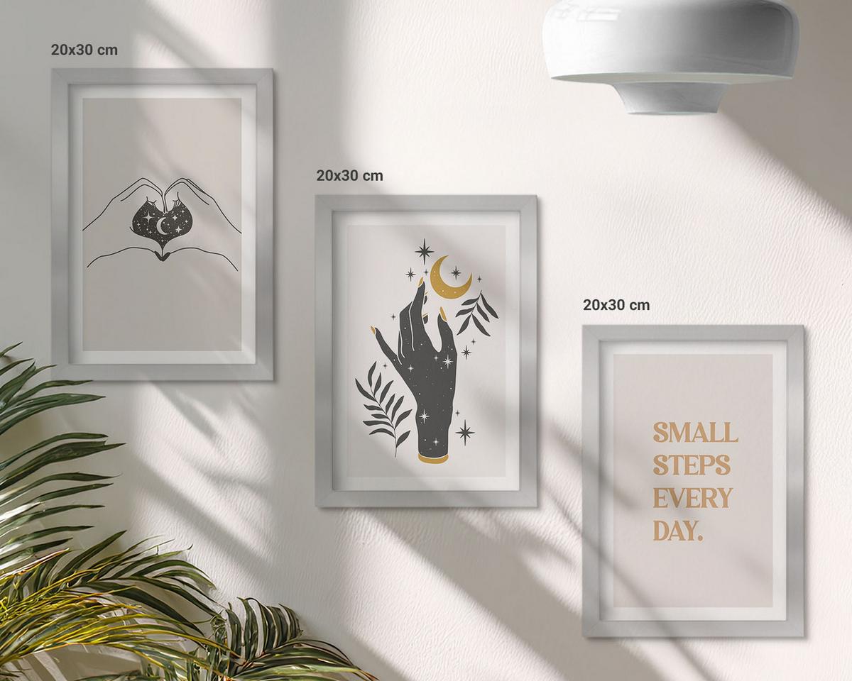 BILDER SET 3er Set - 20x30 cm Silberner Rahmen - Minimalistische Boho-Illustrationen - Silberfarben, Kunststoff (20/30cm) - TULUP