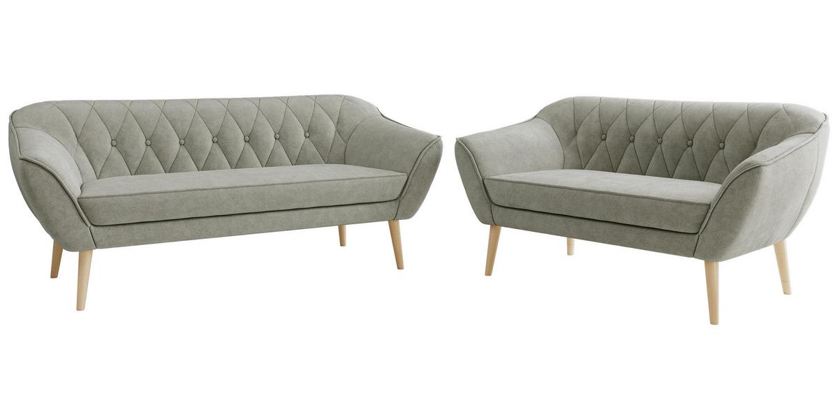 SITZGARNITUR PIRS 3+2 - Hellgrau Strukture - Holzbeine - Silberfarben/Buchefarben, Holzwerkstoff/Textil (180/75/74cm) - MKS