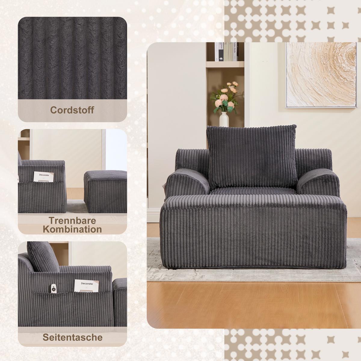 SESSEL mit Hocker in Cord Übergroßer Relaxsessel - Dunkelgrau, Textil (110/67/147cm) - Urban Meuble