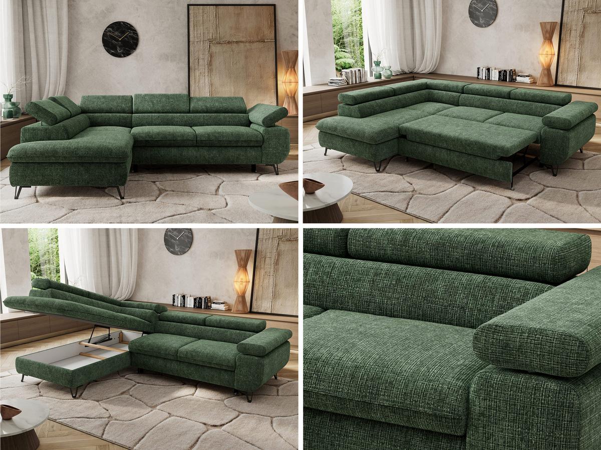 ECKSOFA PABLO L Dunkelgrün Schenille grob gewebt - Links Seite - Dunkelgrün/Schwarz, Textil/Metall (208/273cm) - MKS