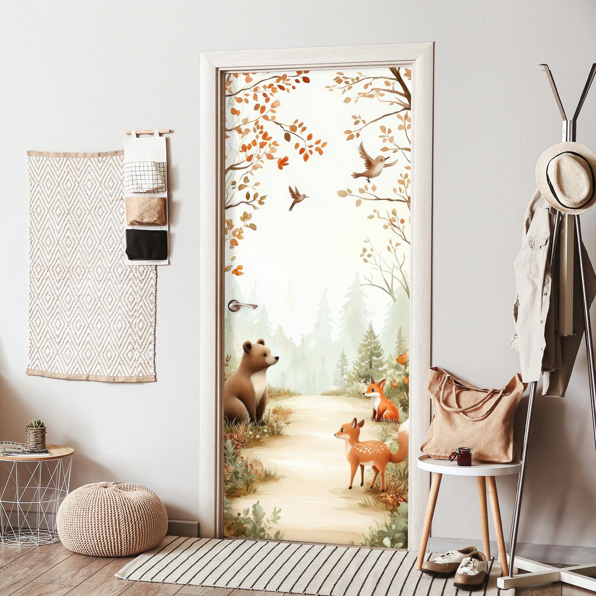 TÜRAUFKLEBER Wald - Herbst - Waldtiere - Bär - Fuchs 90x215 cm - Türtapete - Kastanienfarben, Kunststoff (90/0.1cm) - MuchoWow