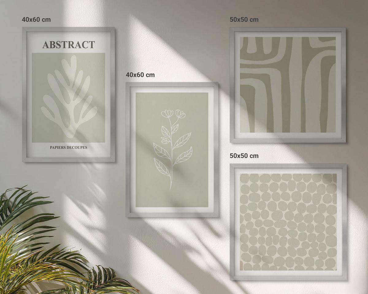 BILDER SET 4er Set - 50x50 cm & 40x60 cm Silberner Rahmen - Pflanzen- und geometrische Muster - Silberfarben, Kunststoff (50/50cm) - TULUP