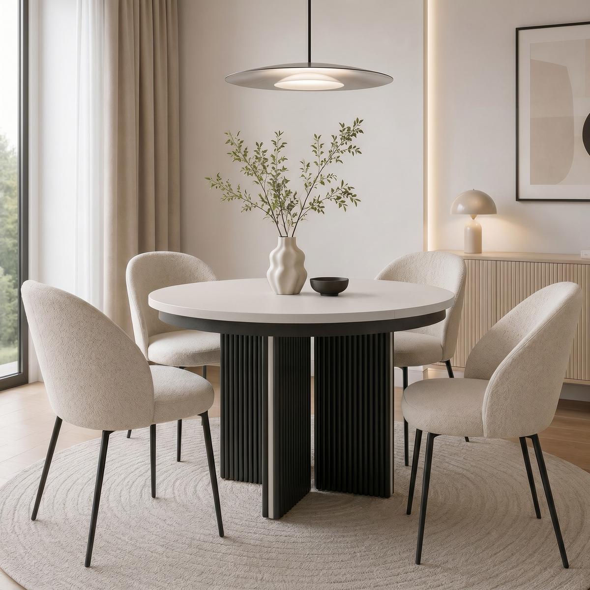 ESSTISCH Prestige runder Design-Tisch, ausziehbar Ø 100–180 cm, Kaschmir+Kaschmir/Schwarz - Kaschmir/Schwarz, Metall (100/100/77cm) - Beautysofa