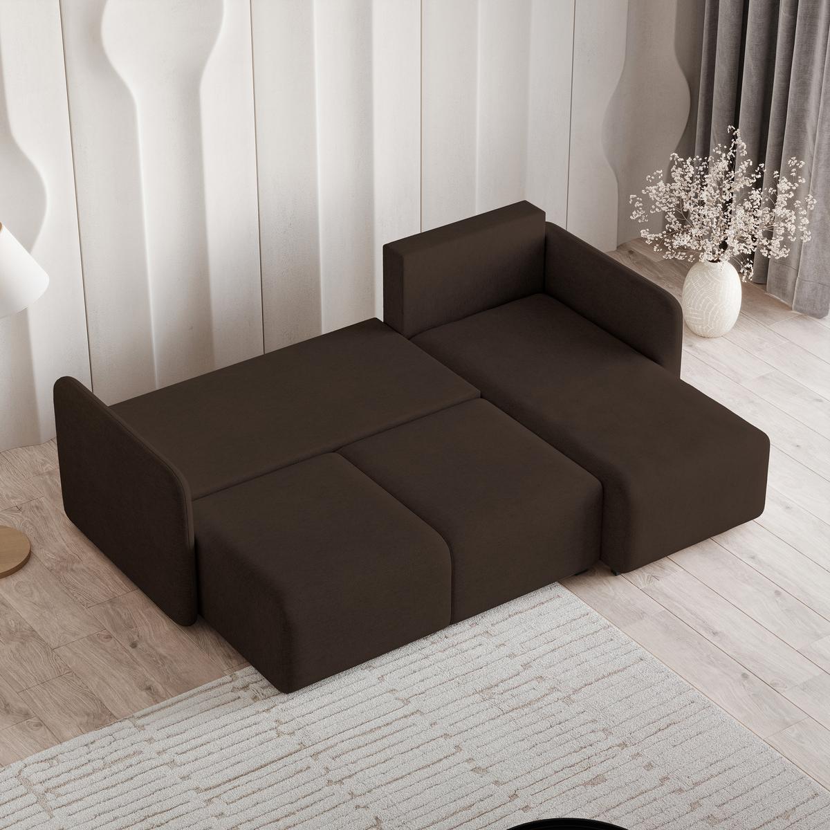 ECKSOFA SUVINO Braun Geflochtener Stoff mit Schlaffunktion - Dunkelbraun, Holz (230/143cm) - MASSENO