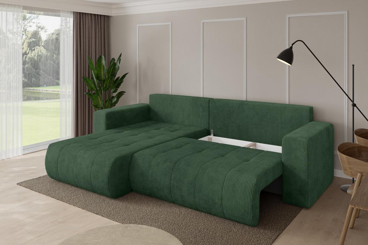 ECKSOFA mit Schlaffunktion Ottomane Links MILA-L 277x194x86 Grün Cord - Dunkelgrün/Schwarz, Holzwerkstoff/Kunststoff (277/194cm) - ALTDECOR