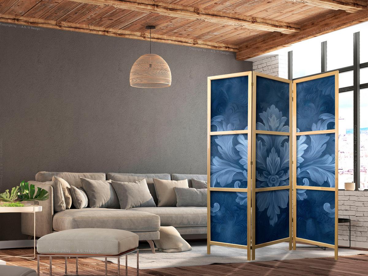 PARAVENT Japanischer 3-tlg 135x172 cm Blaue Ornamente - Blau, Holz/Textil (135/172/3cm) - Muralo