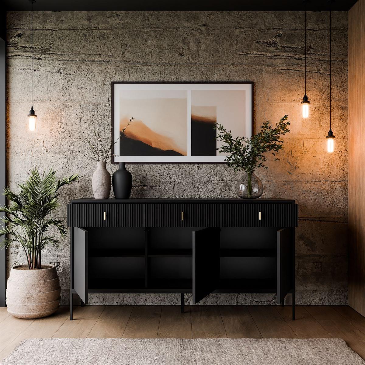 SIDEBOARD MIDNIGHT 3D3S mit drei Schubladen auf Gestell schwarz - Schwarz, Holzwerkstoff (154.5/82.5/39cm) - Lookway