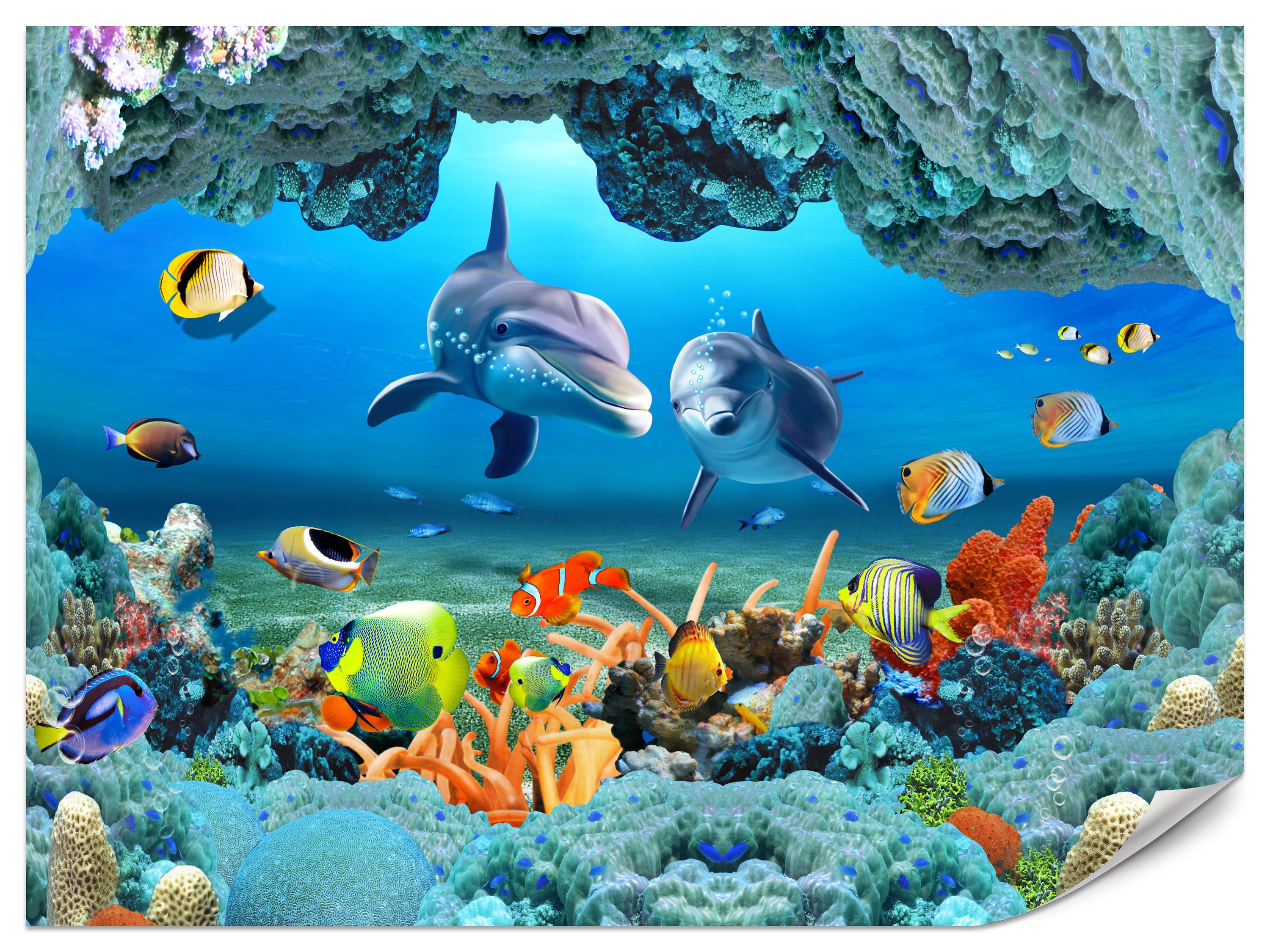 FOTOTAPETE für Badezimmer Unterwasser Korallenriff Delfin Fisch 150x105 - Türkis/Gelb, Papier (150/105cm) - Muralo