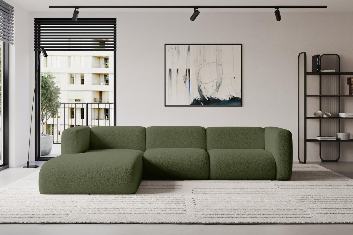 ECKSOFA Ottomane Links MIRA-L2 318x179x89 Grün Bouclé - Schwarz/Olivgrün, Holzwerkstoff/Kunststoff (318/179cm) - ALTDECOR