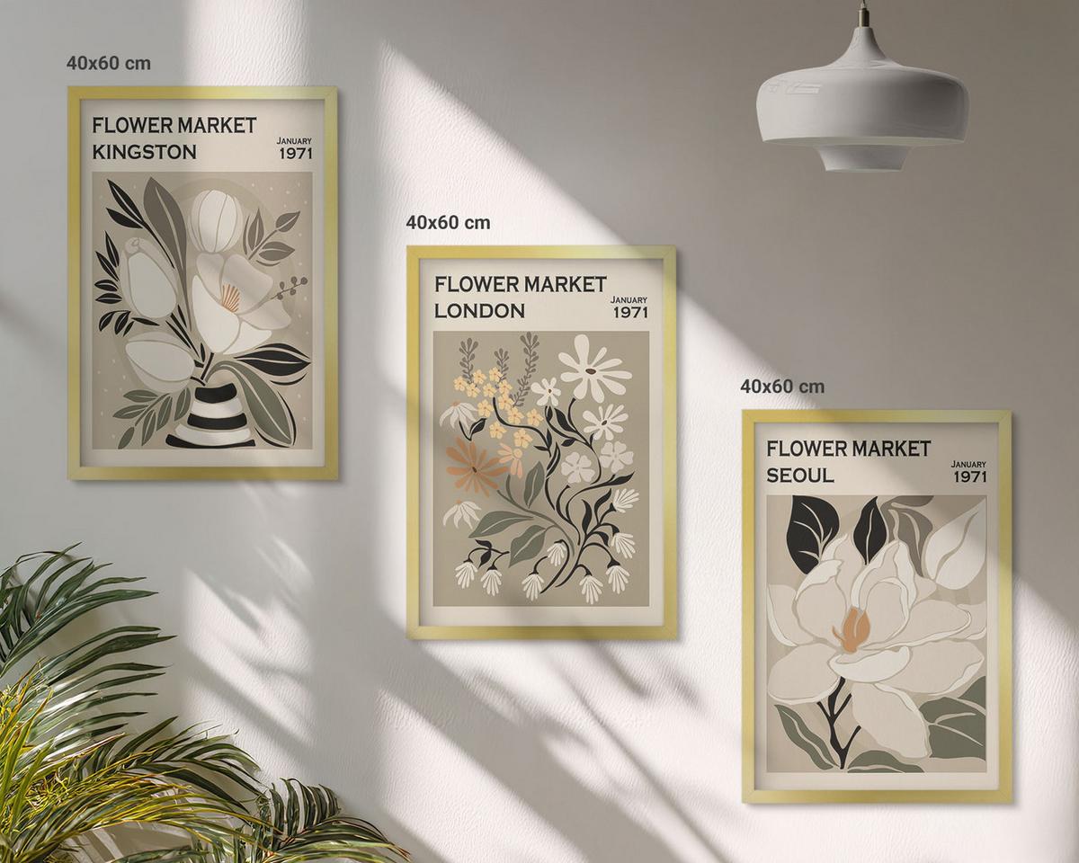 BILDER SET 3er Set - 40x60 cm Goldrahmen - Retro-Blumen aus Städten rund um die Welt - Goldfarben, Kunststoff (40/60cm) - TULUP