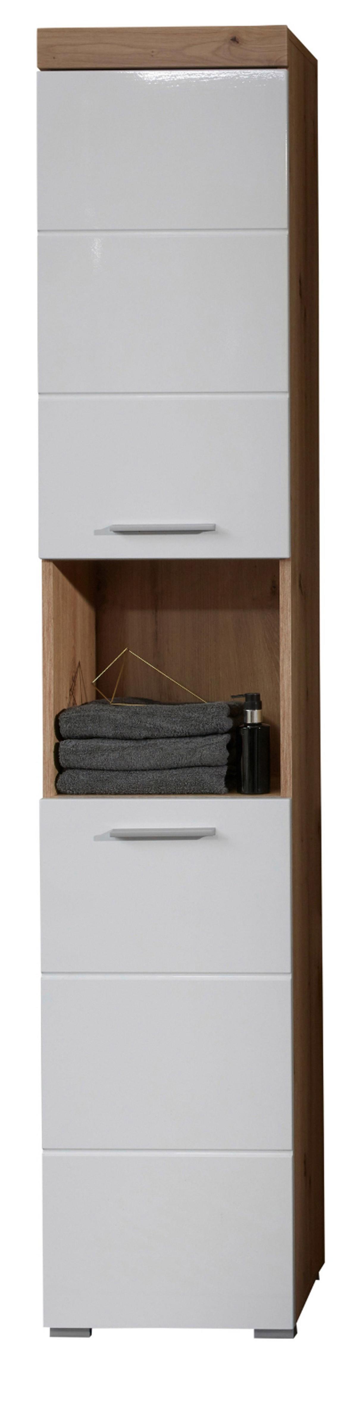 HOCHSCHRANK weiß Hochglanz, Asteiche 37 cm, Badschrank in modernem Design - Eichefarben/Weiß, Holzwerkstoff/Kunststoff (37/190/31cm) - Top.Furn