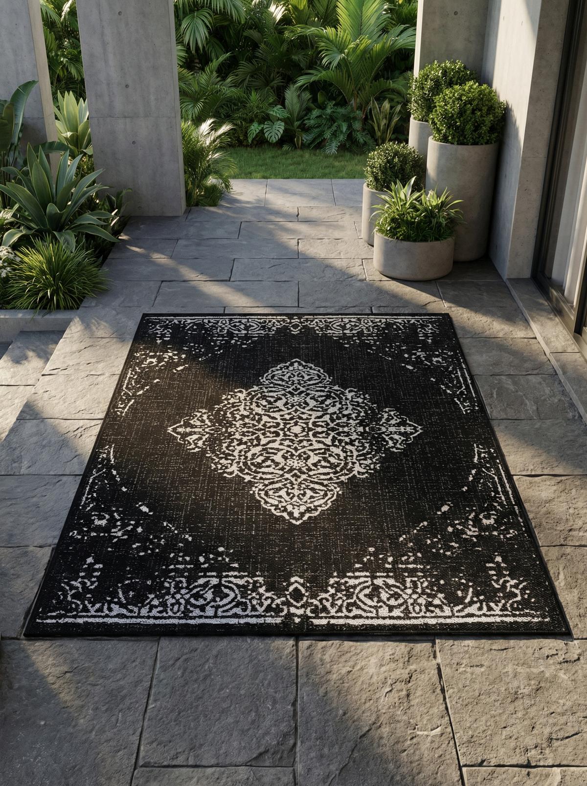 TEPPICH Outdoor SARNTAL in Schwarz, im Vintage-Stil, aus Polypropylen, 120 x 170 cm - Schwarz, Textil (120/170cm) - KADIMA DESIGN