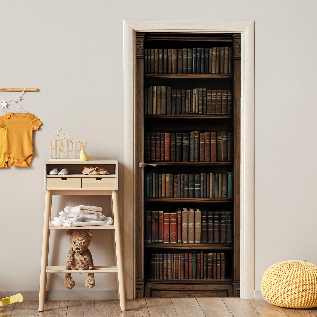 TÜRAUFKLEBER Bücherregal - Vintage - Braun 90x215 cm - Türtapete - Nussbaumfarben, Kunststoff (90/0.1cm) - MuchoWow