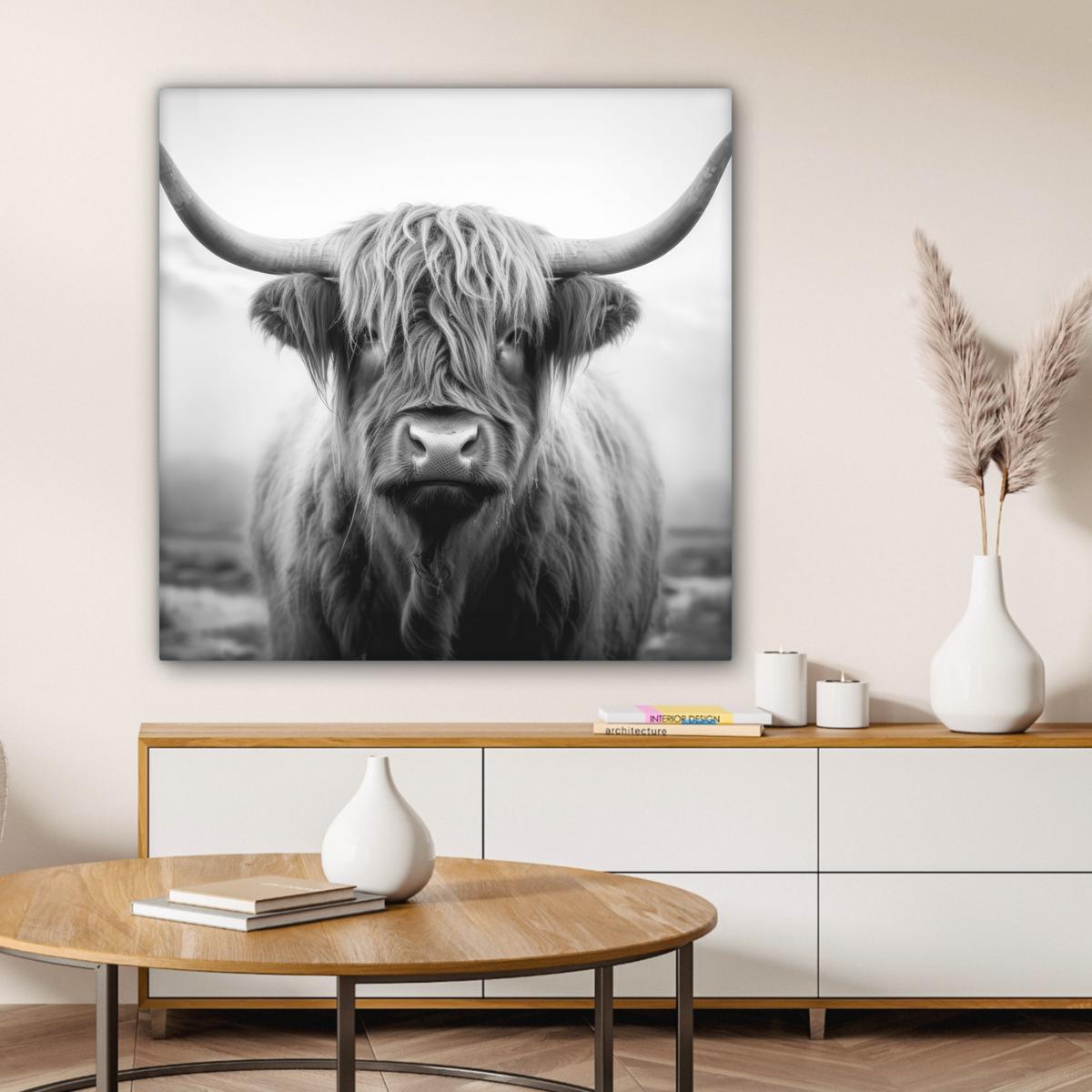 LEINWANDBILD Schottischer Highlander - Nebel - Schwarz - Weiß Deko Groß 90x90 cm - Grau, Textil (90/90cm) - MuchoWow