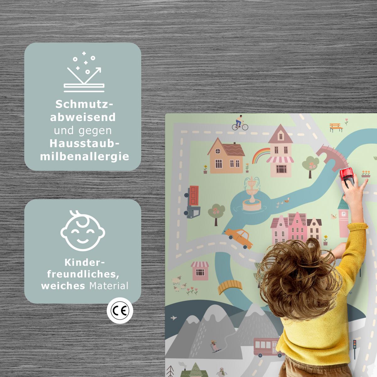 KINDERTEPPICH Jahreszeiten - Stadt - Häuser - Straße - Kinder - Auto Spielmatte 135x90 cm - Multicolor, Kunststoff (135/0.3cm) - OnlyWow