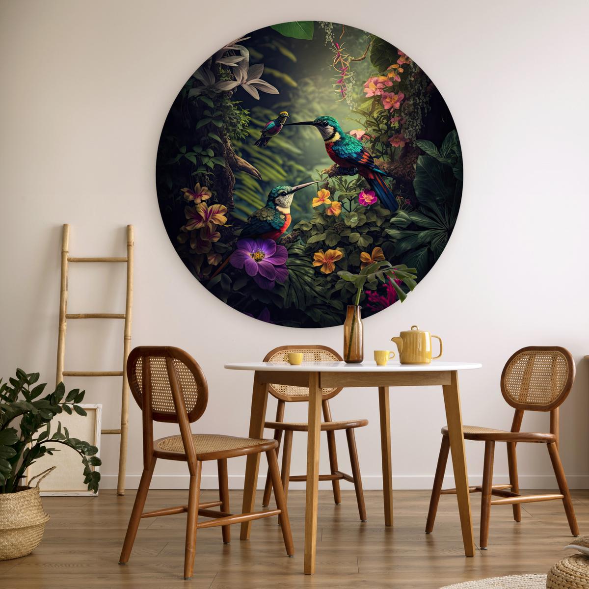 WANDBILD Blumen - Vogel - Dschungel - Pflanzen Deko Groß 150x150 cm - Petrol, Kunststoff (150/150cm) - MuchoWow