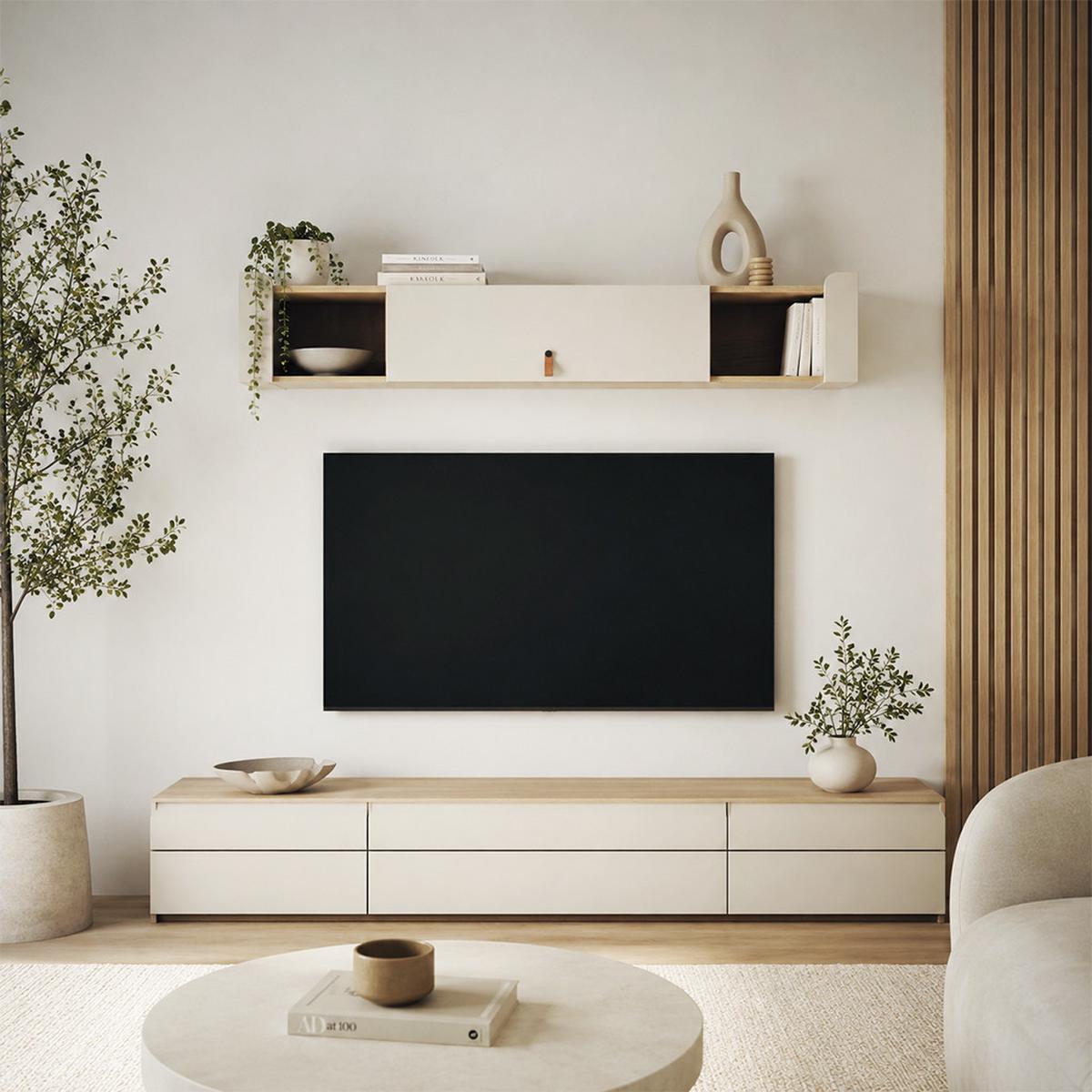 WANDREGAL Sorella mit Klapptür und 2 offenen Regalböden, 180 cm, Macadamia + Eiche Mavelie - Eichefarben/Beige, Leder/Holzwerkstoff (180/33/27cm) - Beautysofa