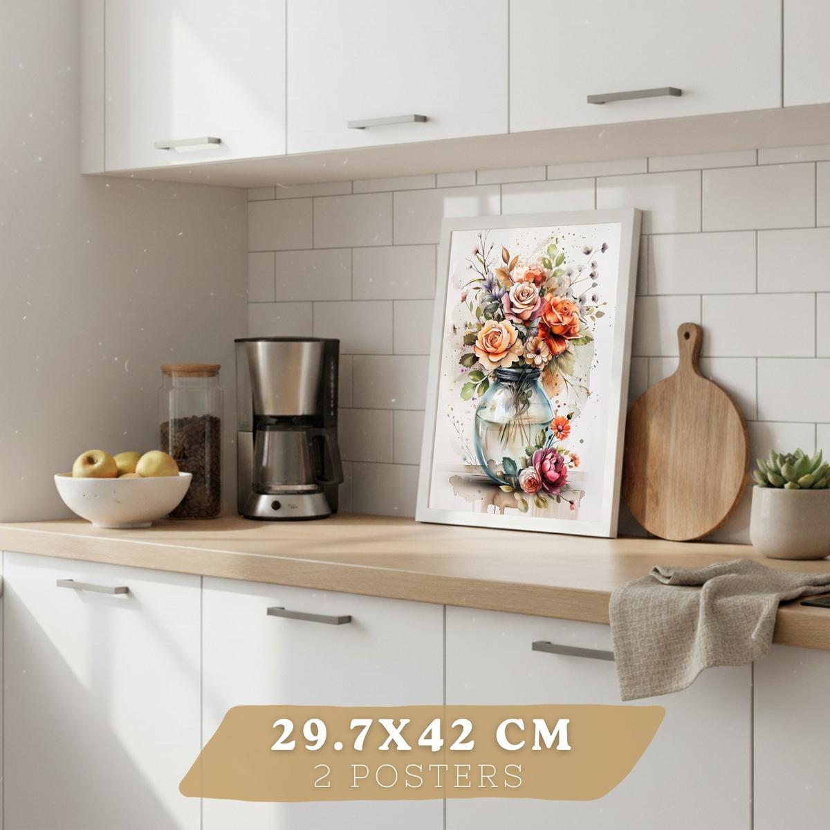 POSTER 2er Set Blumen-Wandbilder Rosen in Vase Botanisches Aquarell Bunt Küche Wohnzimmer Wanddeko Rahmenlos A3 - Weiß, Papier (29.7/1/42cm) - Nacnic