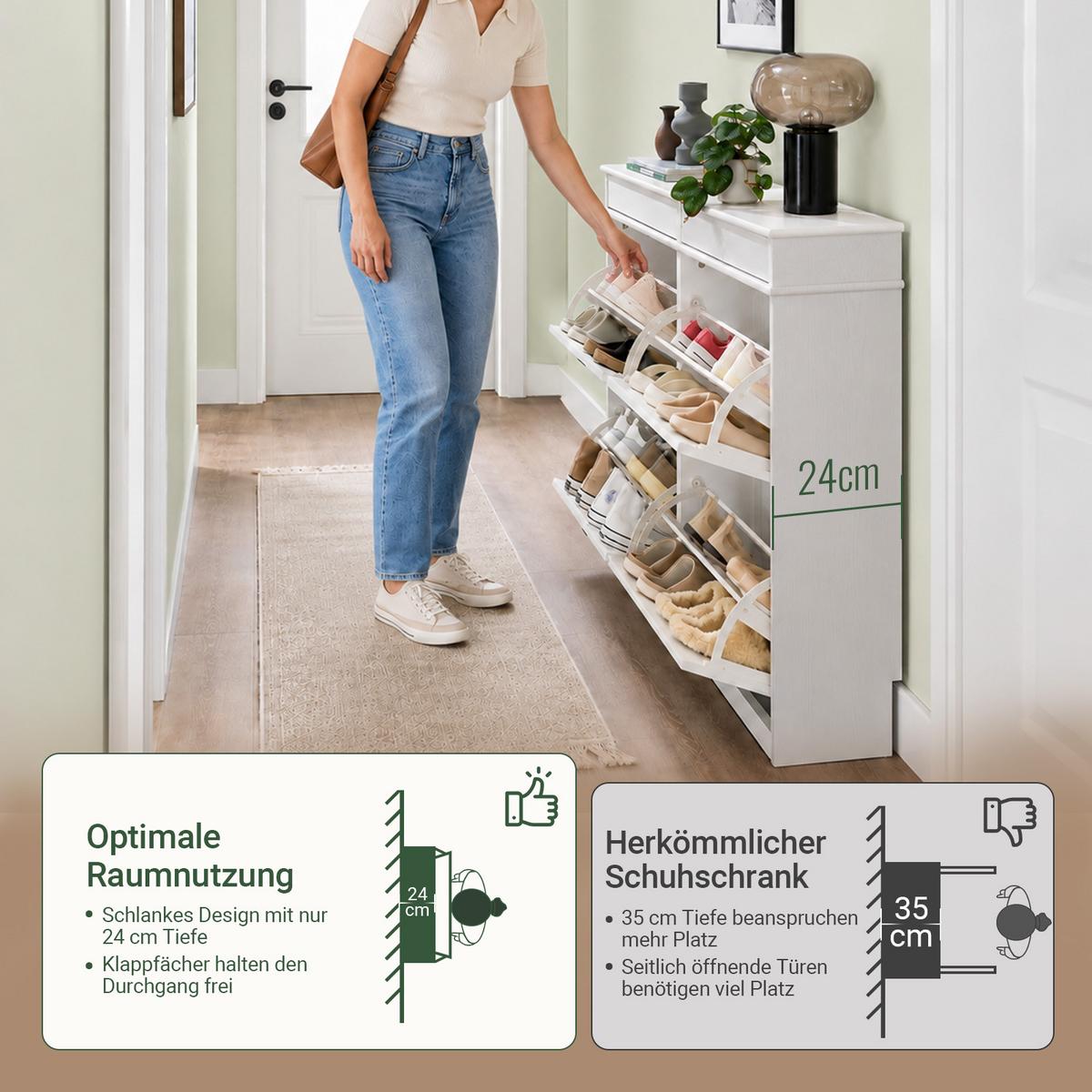 SCHUHSCHRANK weiß, 105x85x24 cm, 2 Schubladen, Retro-Holzoptik, nur 24 cm tief, Melaminharz-Beschichtung, für schmale Flure & Diele - Weiß, Holzwerkstoff (103/82/23cm) - SoBuy