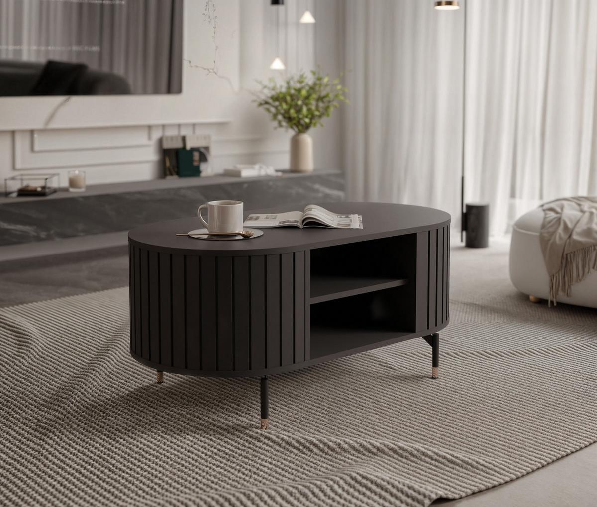 COUCHTISCH geriffelt, mit Ablage, Schwarz - Schwarz, Holzwerkstoff (47/104/56cm) - Idohome