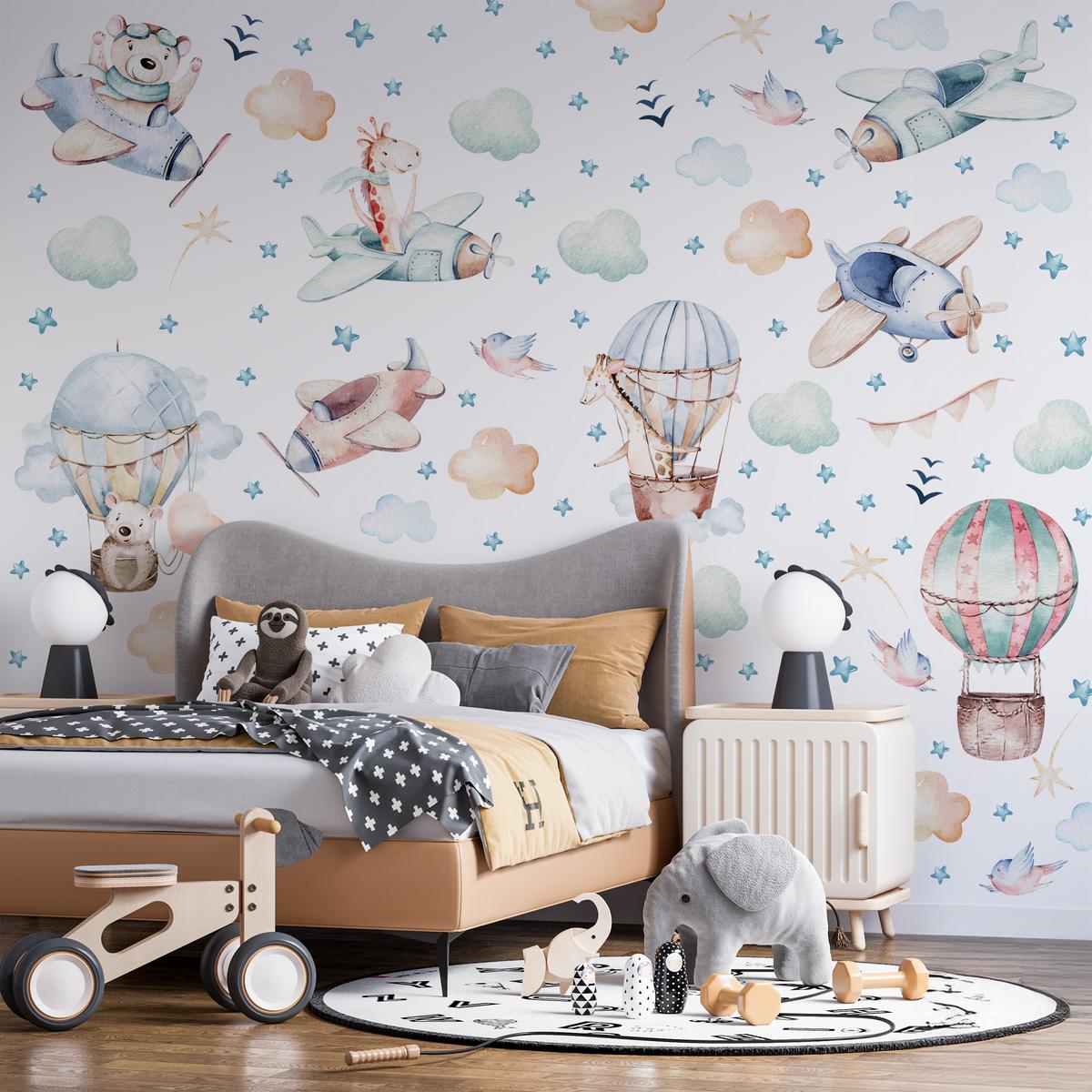 WANDAUFKLEBER SET Wilde Tiere Wolken Flugzeuge Luftballons 120x60 - Beige/Rosa, Papier (120/60/1cm) - Muralo