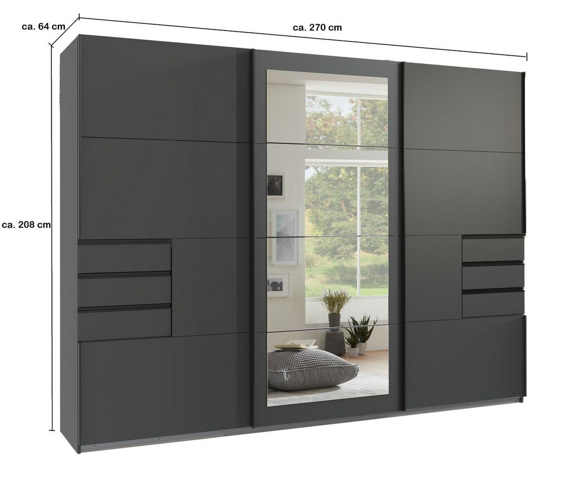SCHWEBETÜRENSCHRANK 3-türig B270/H208/64 cm in Grafit, mit Spiegel & Schubladen, Kleiderschrank inkl. Vollausstattung / 22501 - Blau/Graphitfarben, Holzwerkstoff/Metall (270/208/64cm) - luma-home