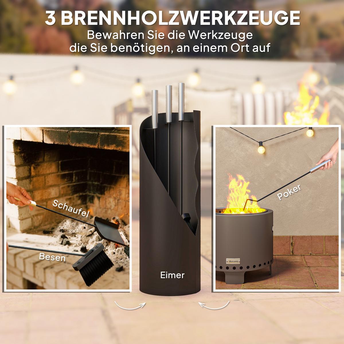 KAMINBESTECK 4-teilig Metall Schwarz - Schwarz, Metall (20/65/20cm) - Outsunny