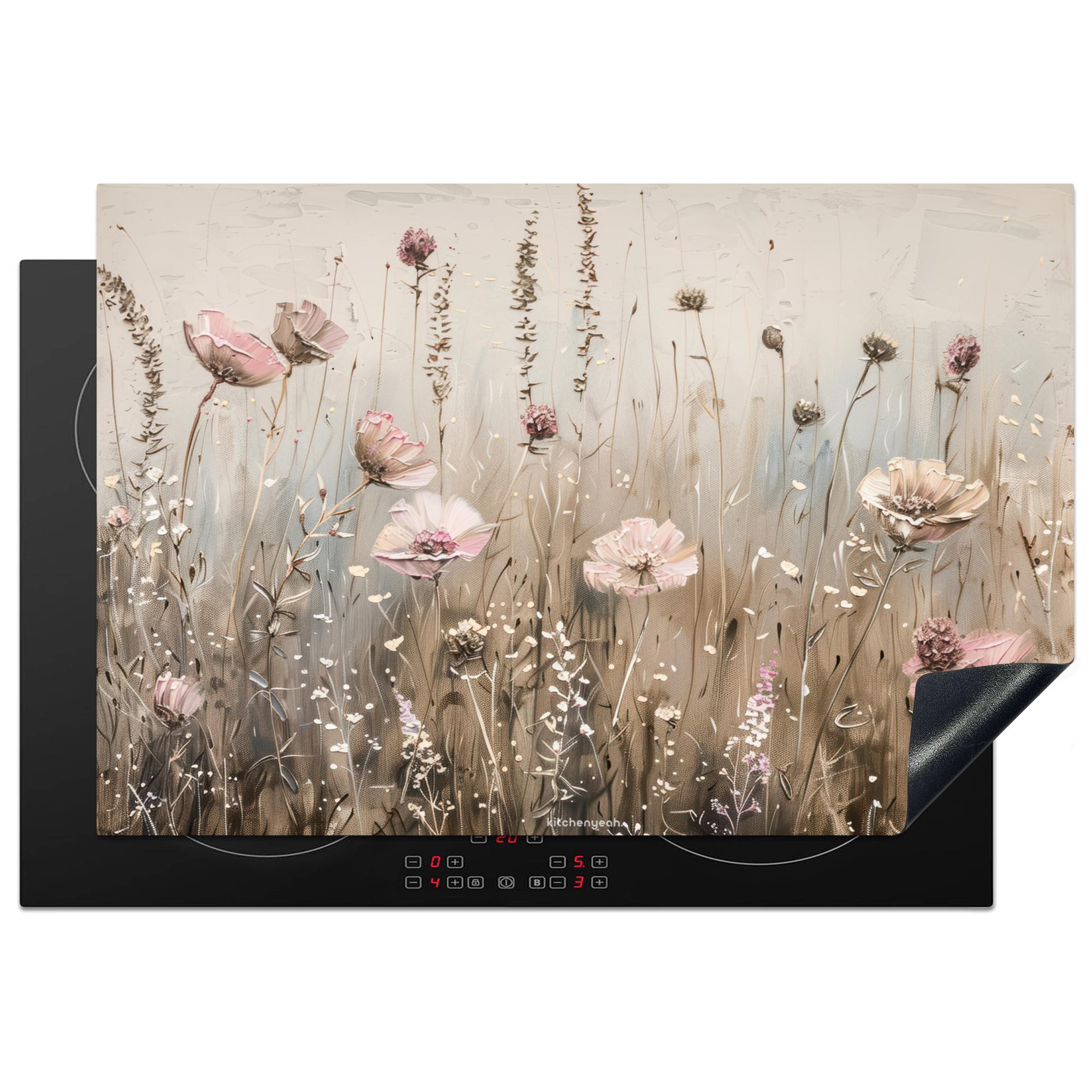 HERDABDECKPLATTE Blumen - Beige - Trockenblumen Induktionsmatte 77x51 cm - Beige, Kunststoff (77/51/0.2cm) - MuchoWow