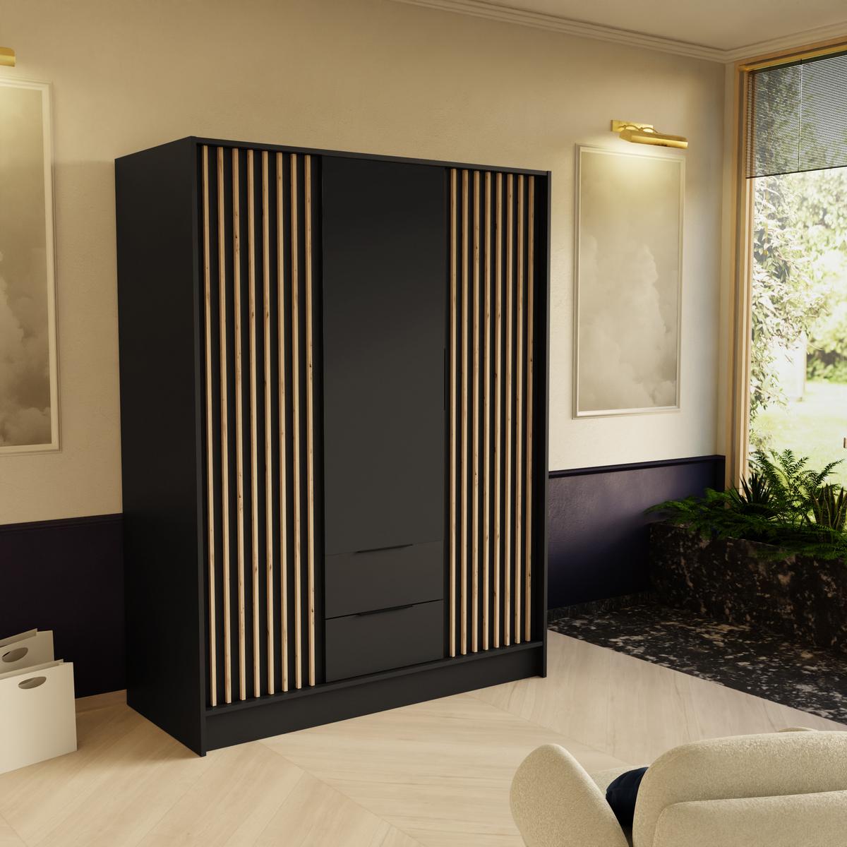 DREHTÜRENSCHRANK PELOR 150,5/200/51 cm Modern Kleiderschrank 3-türig Schwarz - Schwarz, Holzwerkstoff (150.5/200/51cm) - MASSENO
