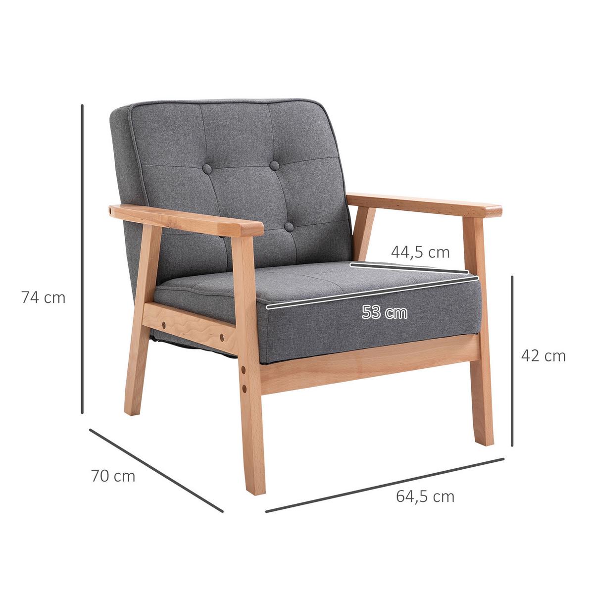 EINZELSESSEL, Loungesessel, Leinen, Grau - Grau, Holz/Kunststoff (70/74/64.5cm) - HOMCOM