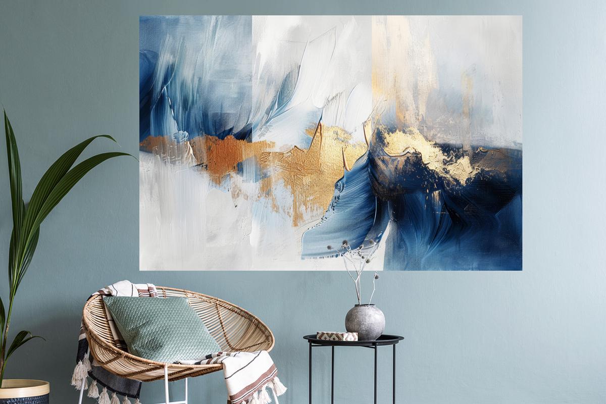WANDTATTOO Gold - Blau - Aquarell - Kunst - Modern Wandsticker 120x80 cm - Hellblau, Kunststoff (120/80/0.1cm) - MuchoWow
