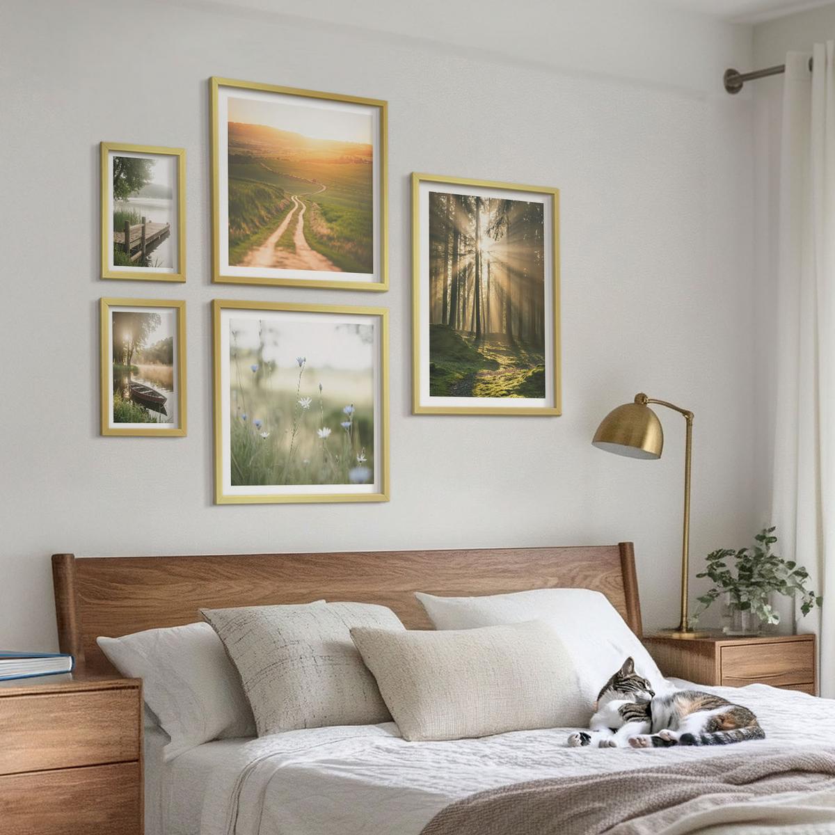 BILDER SET 5er Set - 50x50 cm & 20x30 cm & 40x60 cm Goldrahmen - Gemalte Zitruslandschaften - Goldfarben, Kunststoff (40/60cm) - TULUP