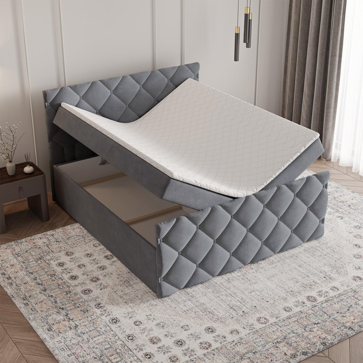 BOXBETT ROVARI 140x200 cm mit Matratze und Topper - Grau - Grau, Holz (140/200cm) - MASSENO
