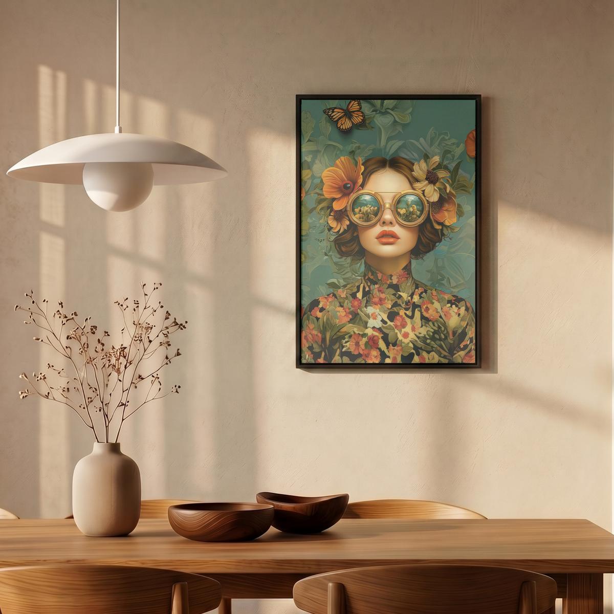 LEINWAND Bilder mit Rahmen - Frau - Blumen - Schmetterlinge - Natur - Vintage - 40x60 - Salbeigrün, Textil (40/60cm) - MuchoWow