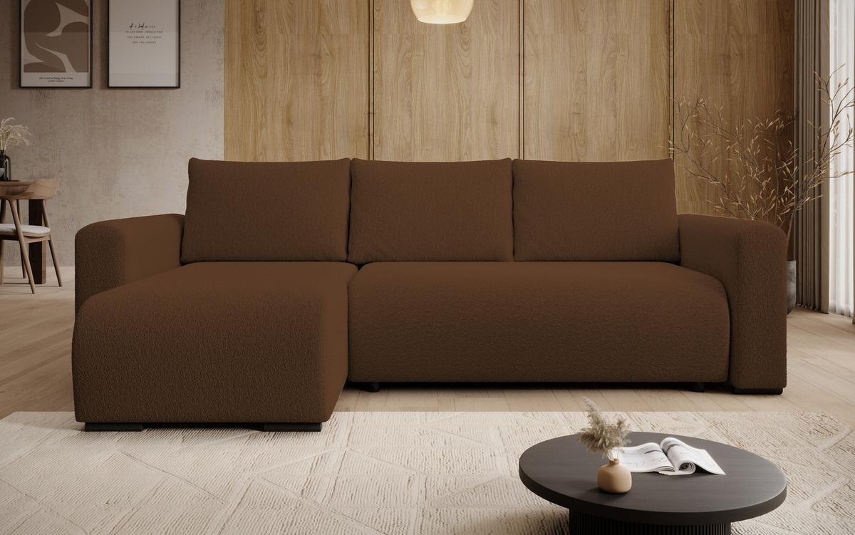 ECKSOFA DORA L, Eckcouch in L-Form mit Schlaffunktion und Bettkasten, Farbe: Braun, Bouclé-Stoff, Ottomane Links - Braun, Textil (240/143cm) - Storez24