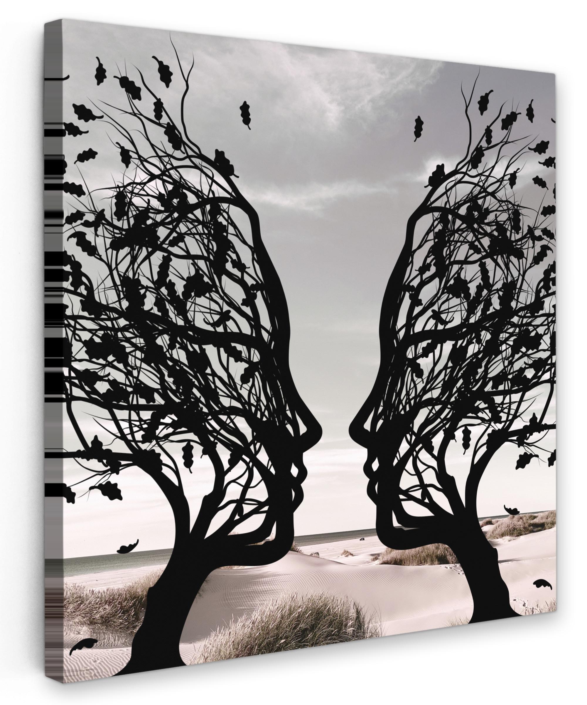LEINWANDBILD Strand - Meer - Menschen - Baum - Moderne Kunst Deko Groß 90x90 cm - Hellgrau, Textil (90/90cm) - MuchoWow