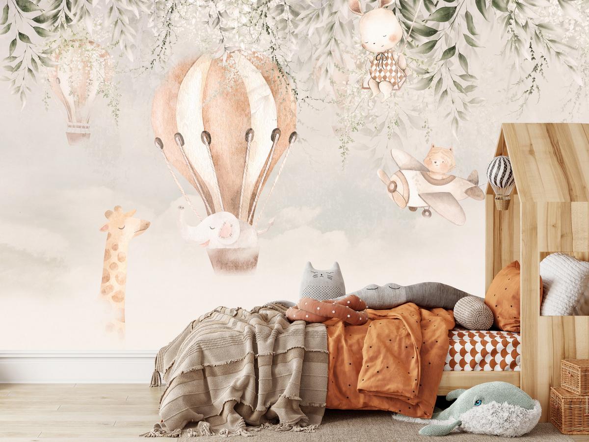 FOTOTAPETE für Kinderzimmer Tiere Wolken Ballons Giraffe Sonne 450x315 - Beige/Braun, Papier (450/315cm) - Muralo