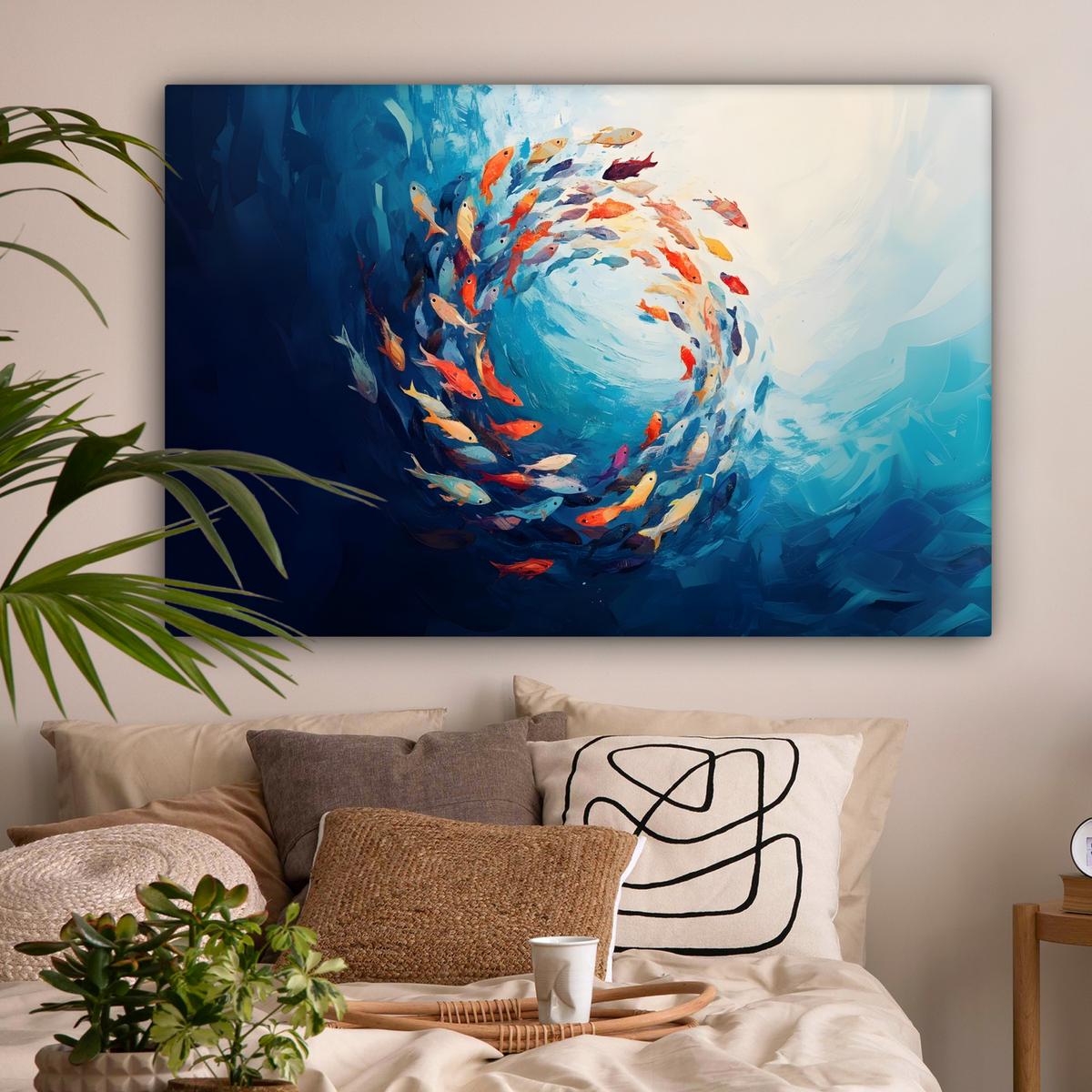 LEINWANDBILD Meer - Fische - Bunt - Dynamisch Wohnzimmer Groß 120x80 cm - Hellblau, Textil (120/80cm) - MuchoWow