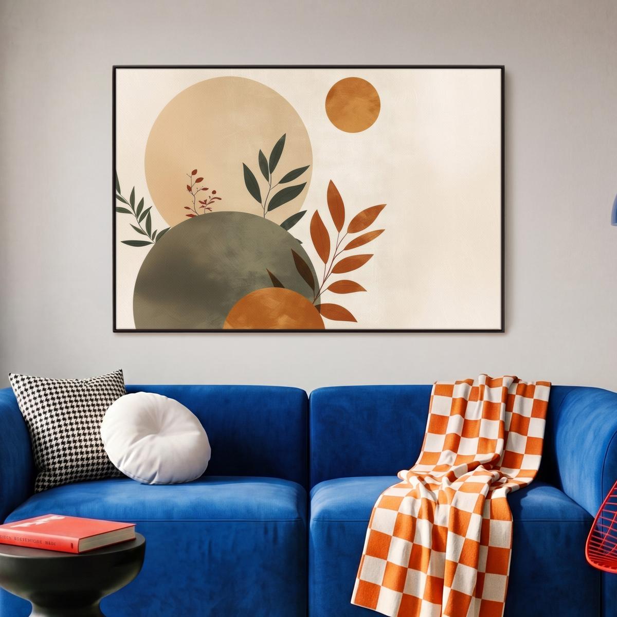 LEINWAND Bilder mit Rahmen - Formen - Rund - Blätter - Beige - 90x60 - Rostfarben, Textil (90/60cm) - MuchoWow