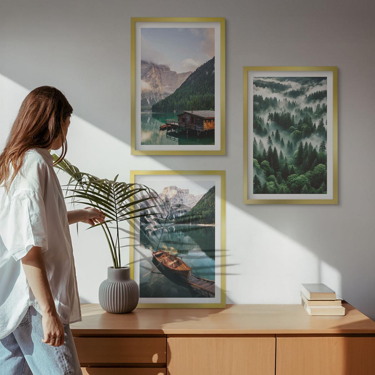 BILDER SET 3er Set - 40x60 cm Goldrahmen - Bergsee, Boot, Waldnebel - Goldfarben, Kunststoff (40/60cm) - TULUP